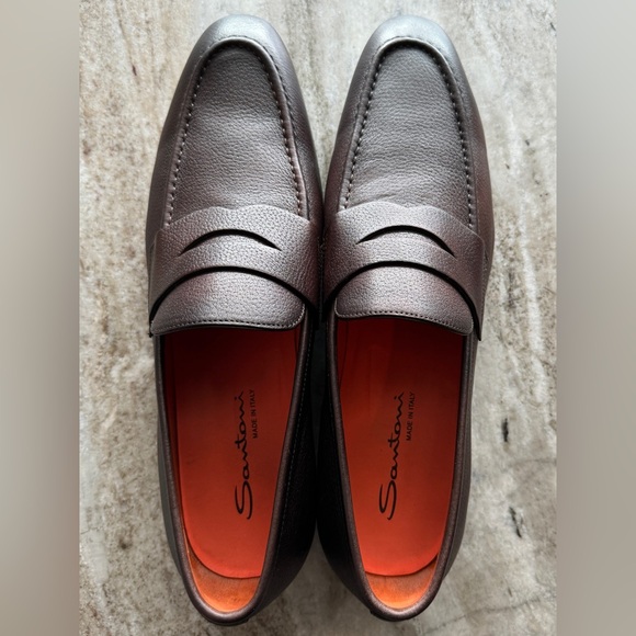 SANTONI BROWN PEBBLED LEATHER PENNY LOAFERS $1000 10.5 Moccasins Slip On Kiton - Picture 8 of 9
